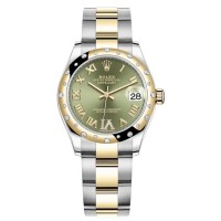 Replica Rolex Datejust 31 and Yellow Gold Olive Green Pave Roman Dial Domed Diamond Bezel Women‘s Watch M278343RBR-0015