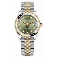 Replica Rolex Datejust 31 and Yellow Gold Olive Green Diamond Dial Domed Diamond Bezel Women‘s Watch M278343RBR-0030