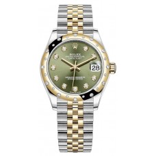 Replica Rolex Datejust 31 and Yellow Gold Olive Green Diamond Dial Domed Diamond Bezel Women‘s Watch M278343RBR-0030