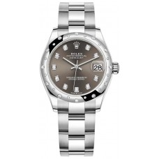 Replica Rolex Datejust 31 and White Gold Dark Grey Diamond Dial Domed Diamond Bezel Women‘s Watch M278344RBR-0007