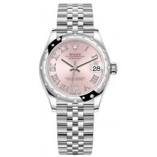 Replica Rolex Datejust 31 and White Gold Pink Pave Roman Dial Domed Diamond Bezel Women‘s Watch M278344RBR-0026