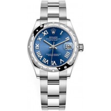 Replica Rolex Datejust 31 and White Gold Blue Roman Dial Domed Diamond Bezel Women‘s Watch M278344rbr-0035