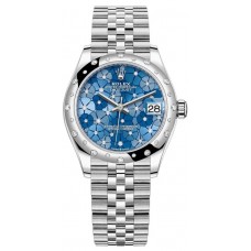 Replica Rolex Datejust 31 and White Gold Azzurro-Blue-Floral-Motif Diamond Dial Domed Diamond Bezel Women‘s Watch M278344RBR-0038