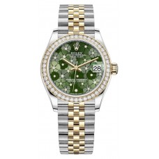 Replica Rolex Datejust 31 and Yellow Gold Olive Green Floral-Motif Diamond Dial Diamond Bezel Women‘s Watch M278383RBR-0032